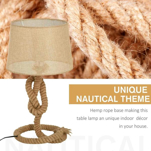 Beige fabric lampshade on twisted rope base with looped circular stand
