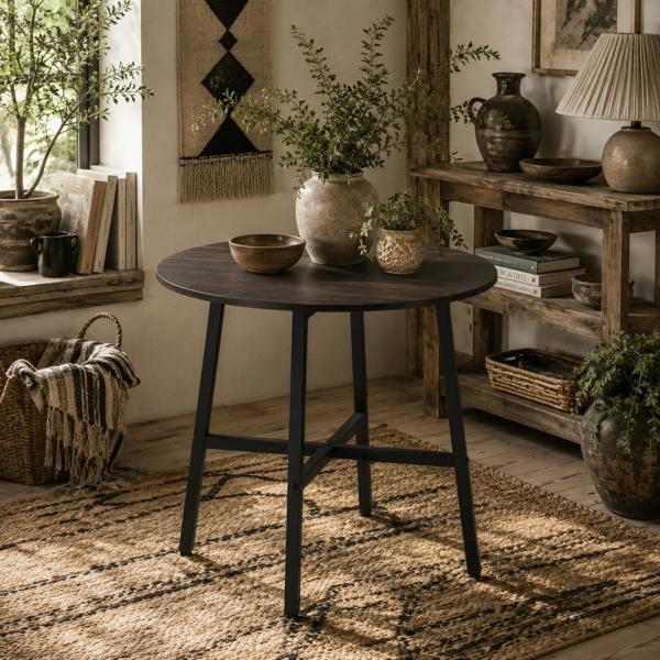 Wyld Haus Vizina Metal And Wood Rustic Brown Round Industrial Dining Table 85cm