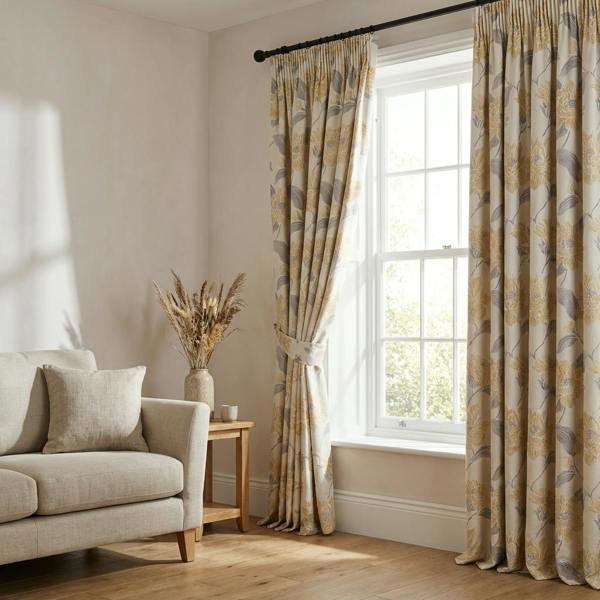 Corsica made-to-measure curtains in Gold, styled in a living room