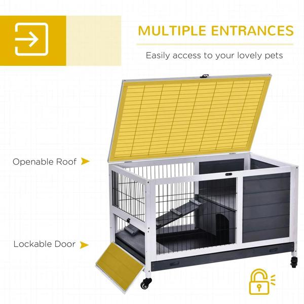 Grey wooden guinea pig hutch with openable roof panel and lockable side door