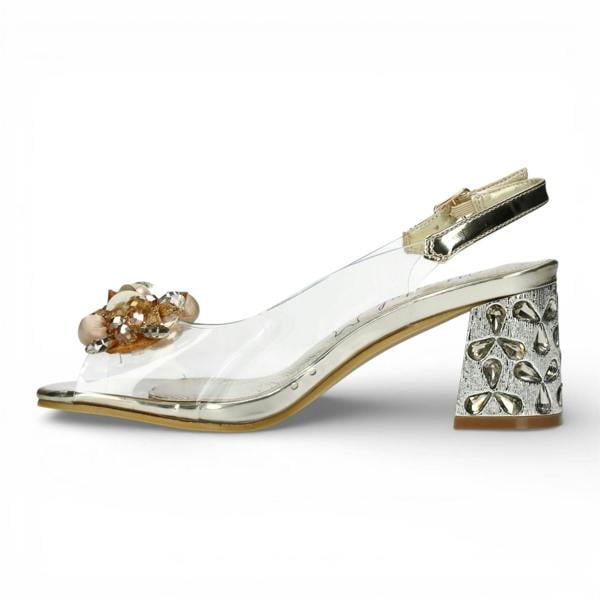Laura Vita Women’s Clear Golden Slip-On Cinderella Block Heel Sandals - Marlene 12