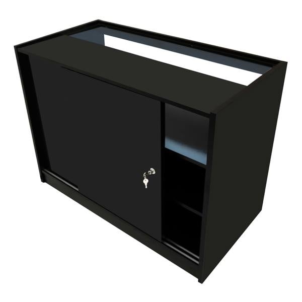 Black Hyperion LED shop counter set featuring a sleek design, sliding door, and open shelving for storage and display