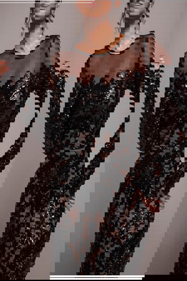 Floral Sequin Mesh Maxi - Black DR4041