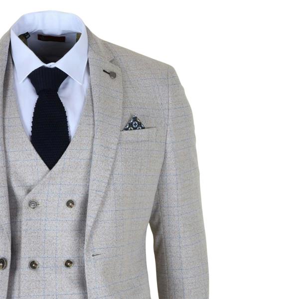Infinity Leather Men's Cream Plaid Check 3 Piece Slim Fit Formal Wedding Suit