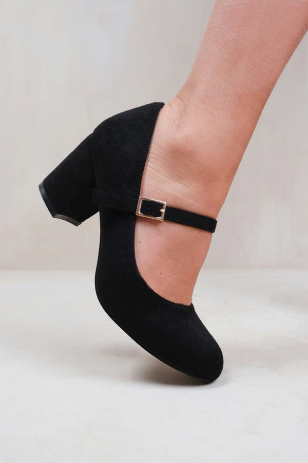 Where's That From Araceli Wide Fit Block Heel Mary Jane Pumps in Black Suede