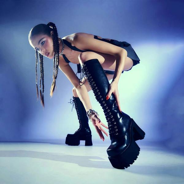 Lamoda On Ropes BlackPU Chunky Platform Knee High Boots Stylish Trendy