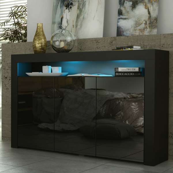 Mex Furniture 155cm Sideboard TV Stand Cupboard Cabinet – Black High Gloss Doors with Free LED