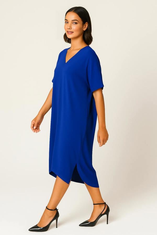 Hoxton Gal Relaxed Fit V-Neck Batwing Sleeve Midi Dress Kaftan Style in Royal Blue