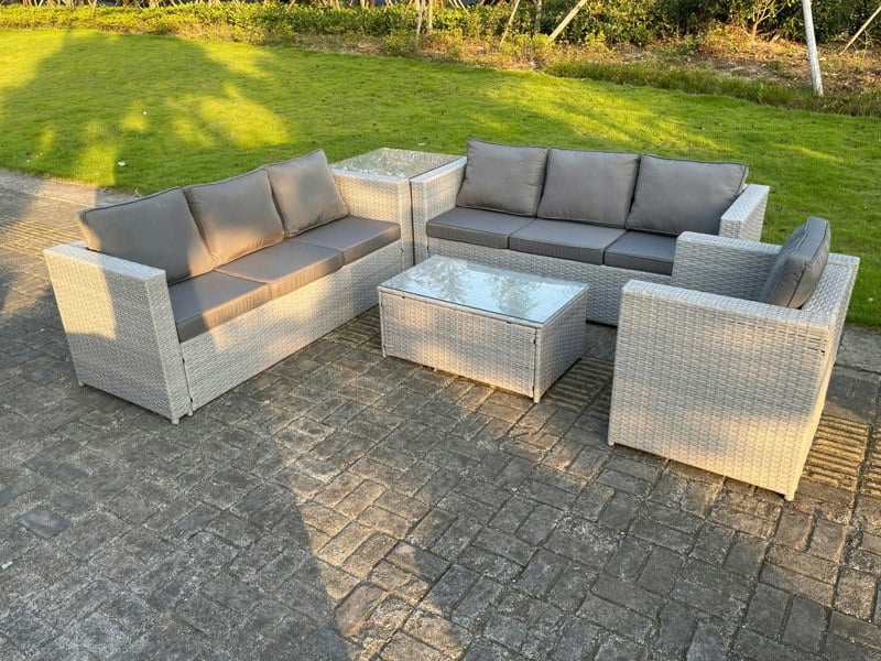 Fimous Light Grey Outdoor Rattan Garden Furniture Set Corner Sofa Set Oblong Square Coffee Table Armchair