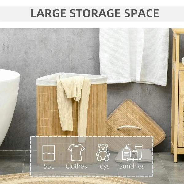 Bamboo laundry hamper with lid and white lining, large storage capacity graphic shown.