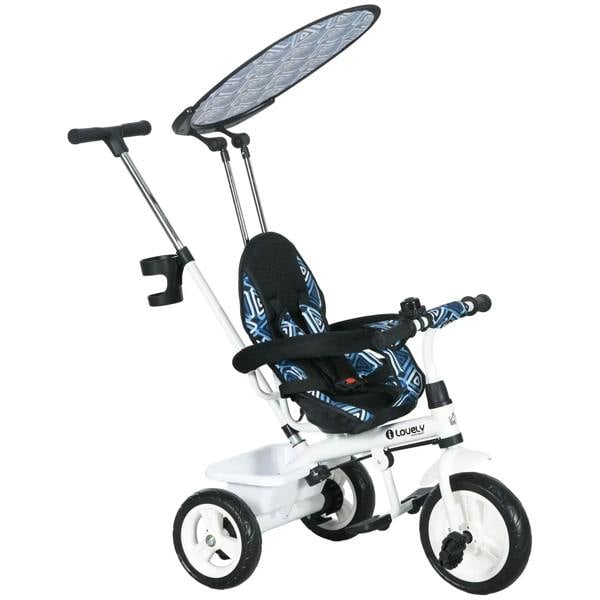 Blue kids tricycle with 5-point harness, removable canopy, and black safety guard