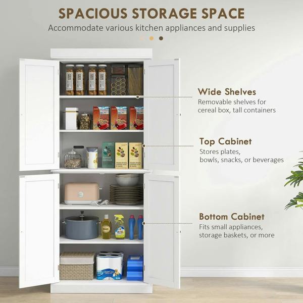 White storage cabinet with open double doors and multi-tier shelving for kitchen items