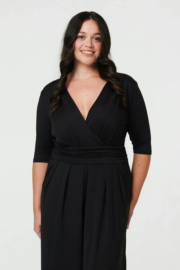 Black | Curve 1/2 Sleeve Wrap Wide Leg Jumpsuit
