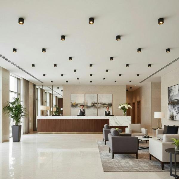 black flush ceiling lamp mounted on the ceiling in a hotel reception 