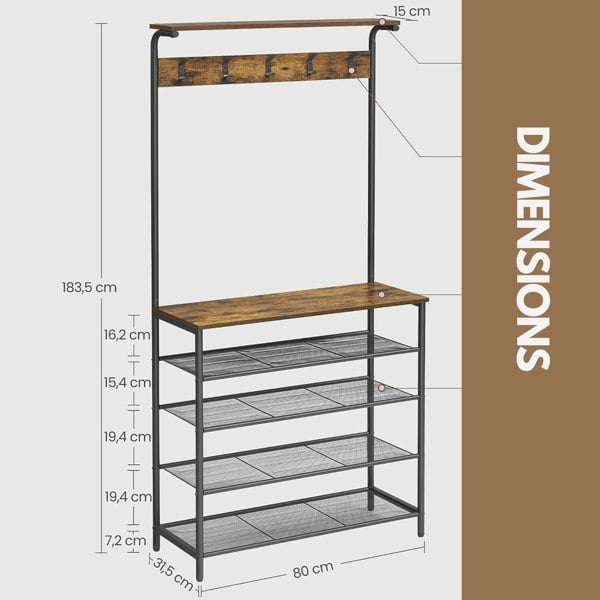 Rafaelo Mobilia Industrial Rustic Hallway Tree Coat Stand With 5 Tier Shoe Rack