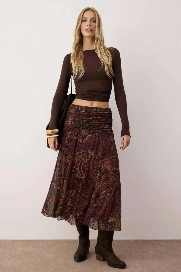 WOVCOR Maxi Boho Chic Printed Tulle Stretch Knit Skirt with Drape Detail