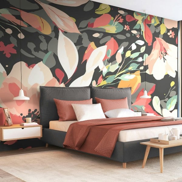 Origin Murals Flowing Flowers - Charcoal Black and Red