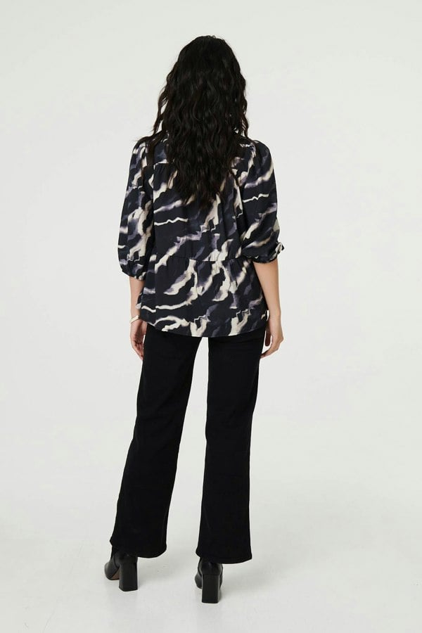 Navy | Marble Print 3/4 Sleeve Ruched Blouse
