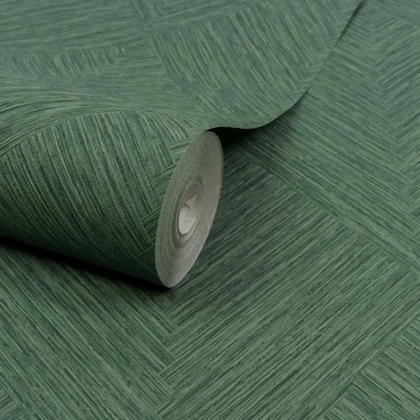 Grandeco Boutique Loni Geometric Natural Weave Luxury Weight  Embossed Wallpaper, Forest Green