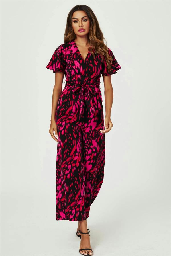 FS Collection Pink Abstract Print Wrap Top Jumpsuit In Black