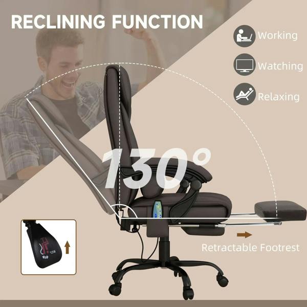Brown reclining massage office chair with extended footrest and casters