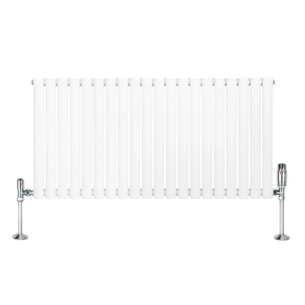 White oval single column radiator with sleek vertical fins and chrome valves, measuring 600mm x 1200mm, ideal for modern interiors