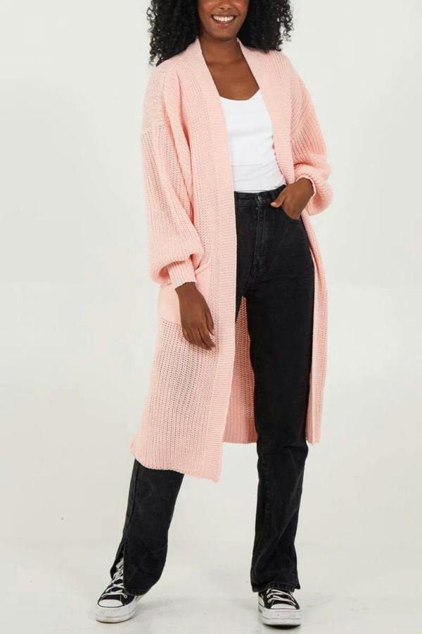 Hoxton Gal Oversized Long Sleeves Midi Knitted Cardigan with Pocket Details in Pink