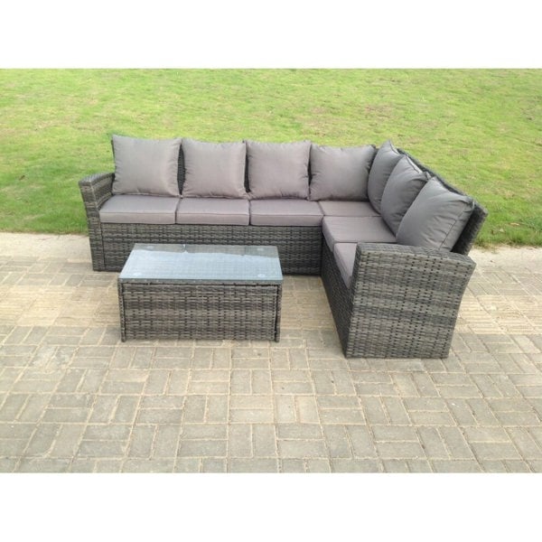 Fimous High Back Rattan Corner Sofa Set Oblong Coffee Table Outdoor Furniture dark Grey Right Option