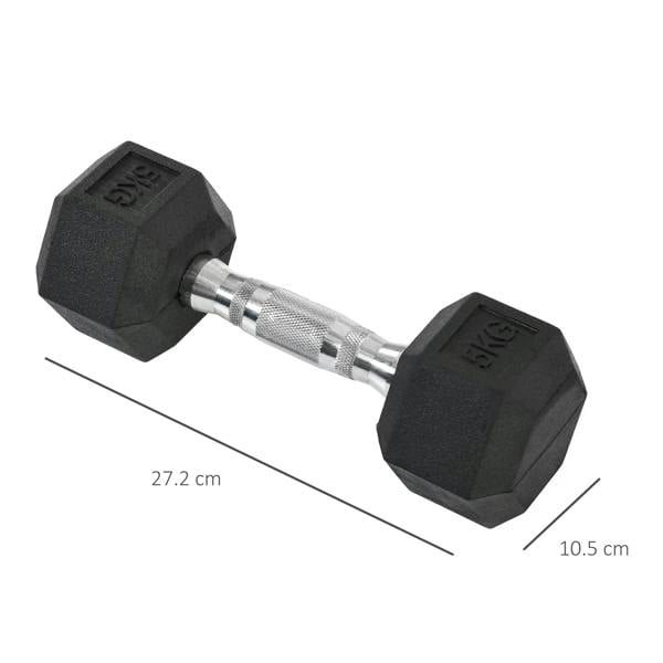 Black hex rubber dumbbell with chrome knurled handle and 5kg marking