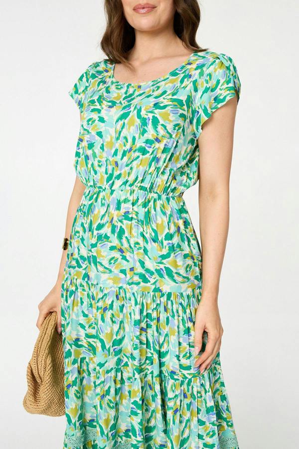 Green | Printed Cap Sleeve Lace Tier Maxi Dress
