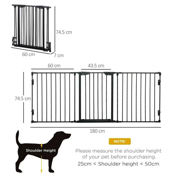 Black metal pet gate with three hinged panels and vertical bars, dimension diagram