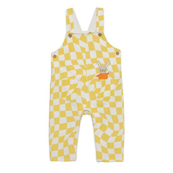 Mini Cuddles Baby Boys Checked Dungaree Set With Bunny Applique, Yellow