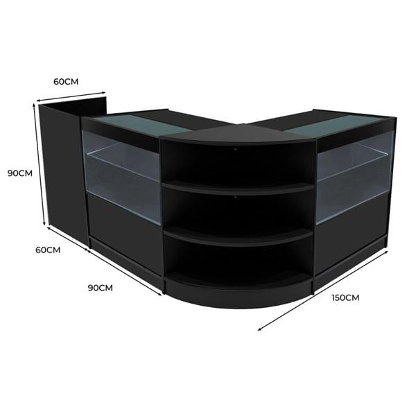 Black Eclipse LED Shop Counter Set featuring curved design, glass display shelves, and dimensions of 150cm x 90cm x 60cm