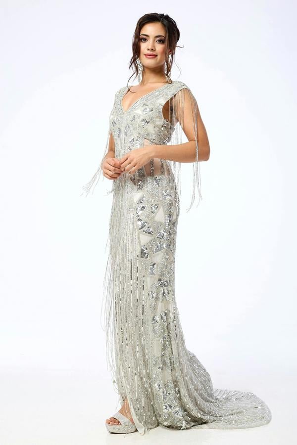 LuvForever Arien - Silver Jewelled Sequin Maxi Dress