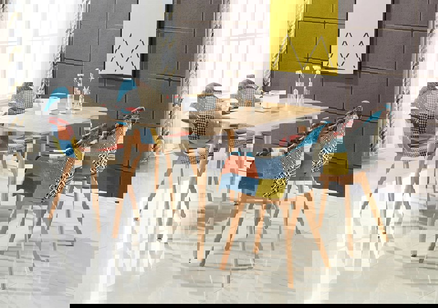 Life Interiors Patchwork Multicolor Fabaric Upholstered Accent Chair with Wooden Legs, Mid-Century Modern Armchair