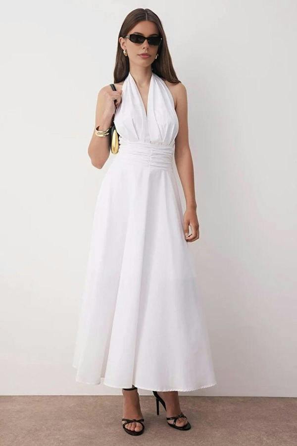 WOVCOR Low-Cut Halter Neck Poplin Lined Woven Dress