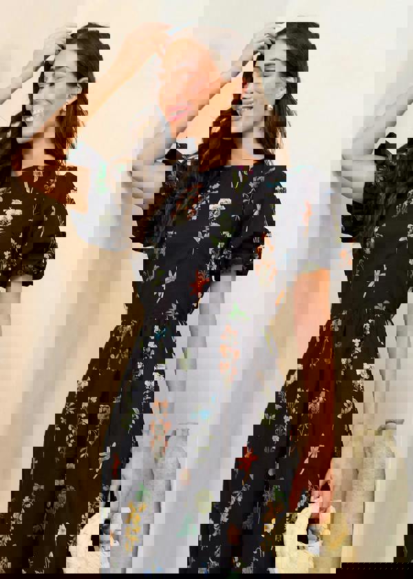 Gini London Navy Cotton Floral Print Puff Ball Midi Dress