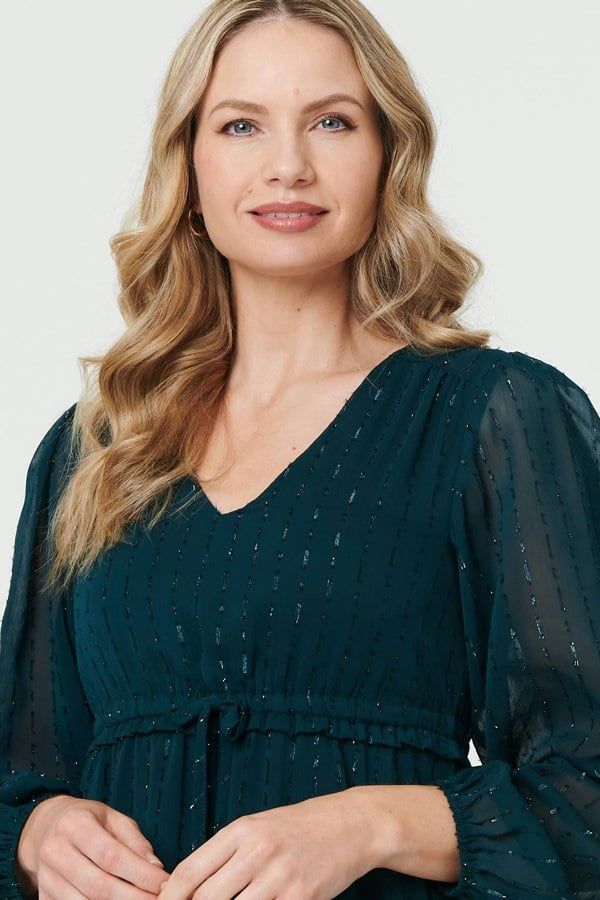 Green | Sparkly Semi Sheer Long Sleeve Midi Dress
