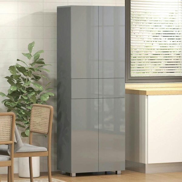 Storage Cabinet, Kitchen Cupboard with 3 Adjustable Shelves, 60L x 35W x 170H cm, High Gloss Grey - Grey