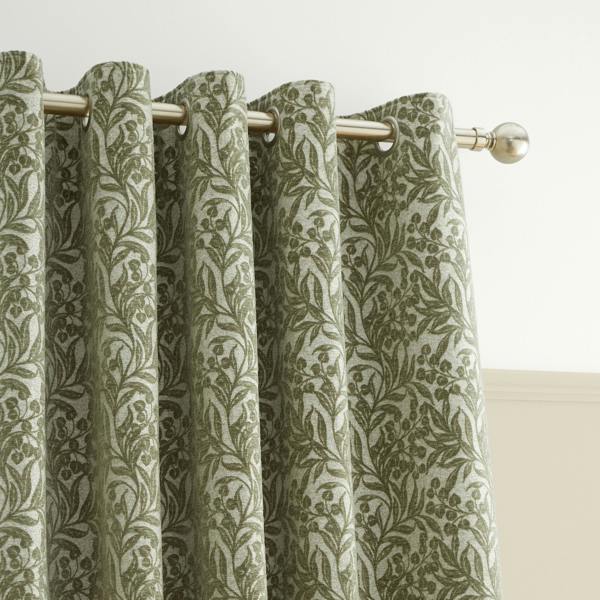 Bianca Chenille Leaves Lined Eyelet Curtains Green
