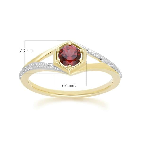 Gemondo Geometric Hexagon with Prong set Round Garnet and Diamond Ring in 9ct Yellow Gold