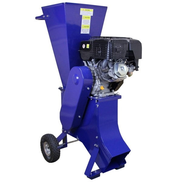 T-Mech 15HP wood chipper in vibrant blue, featuring a sturdy design, large chute, and wheels for easy mobility and transport