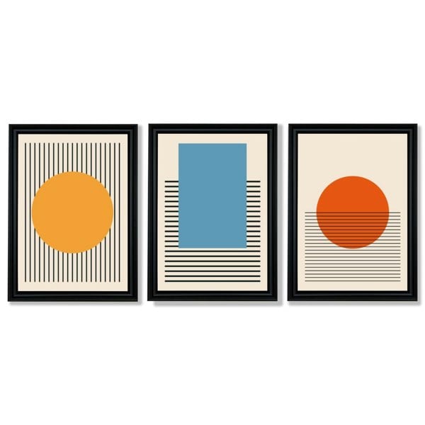 Set of 3 Geometric Yellow Blue Red Framed Art Prints with Vermeer Black Frames