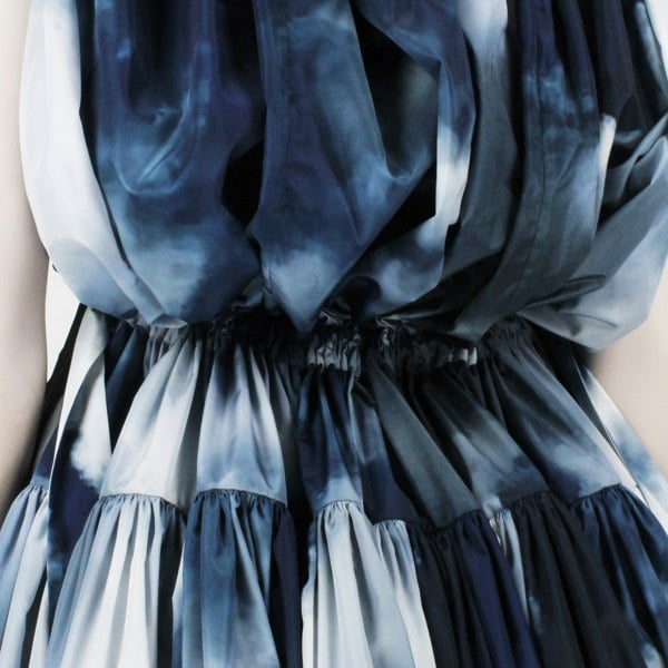 Alexander McQueen blue and white sky cloud pattered off the shoulder full dress
