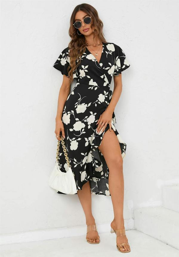 FS Collection Angel Sleeve Wrap Midi Dress In Black