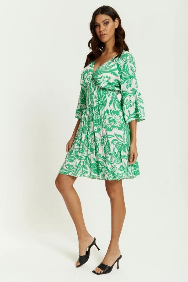 Hoxton Gal Oversized V Neck Detailed Floral Print Mini Dress in Green and White