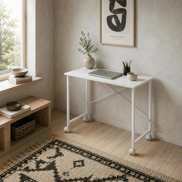 Wyld Haus Romira 80cm Metal White Folding Desk Lockable Wheels
