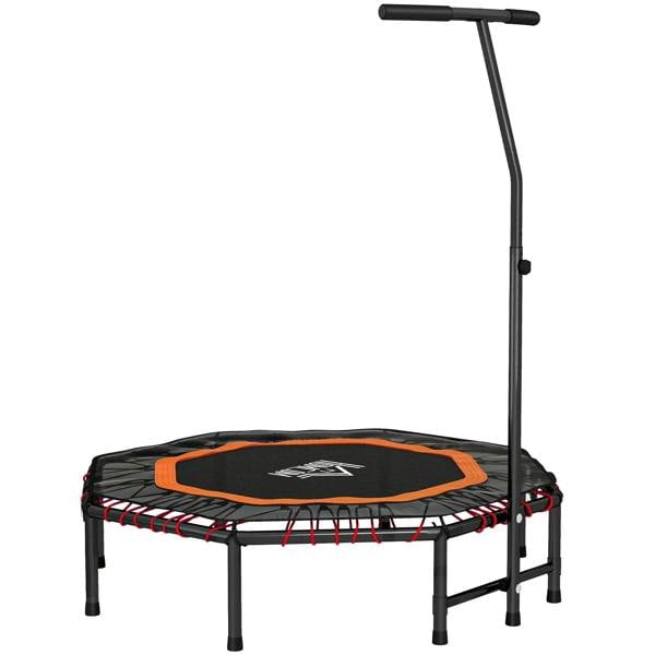Orange fitness trampoline with black bounce mat and adjustable handle frame