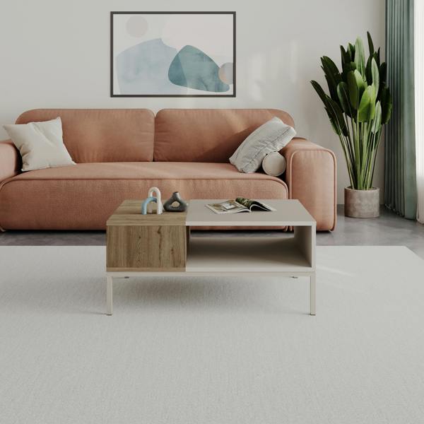 Decortie Modern Rectangular Coffee Table with Dual-Side Open Shelf Storage, Living Room, Office, Metal Legs