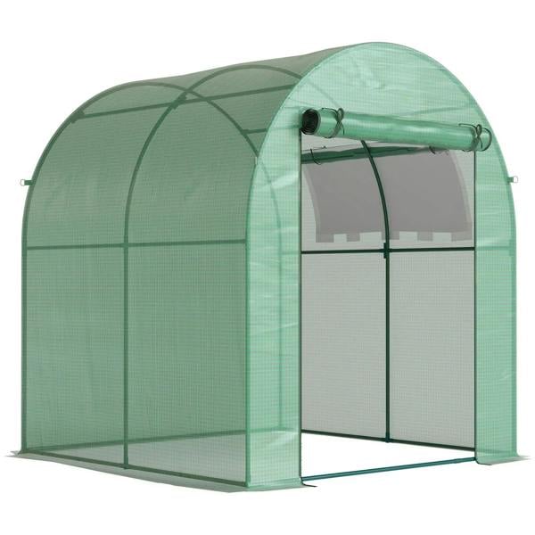 Green polytunnel greenhouse with arched frame and front roll-up door